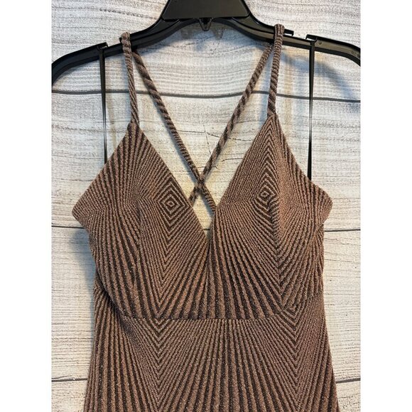 NWT Akira Brown Geometric Bodycon Dress W/ Crisscross Straps Size M - Picture 2 of 4
